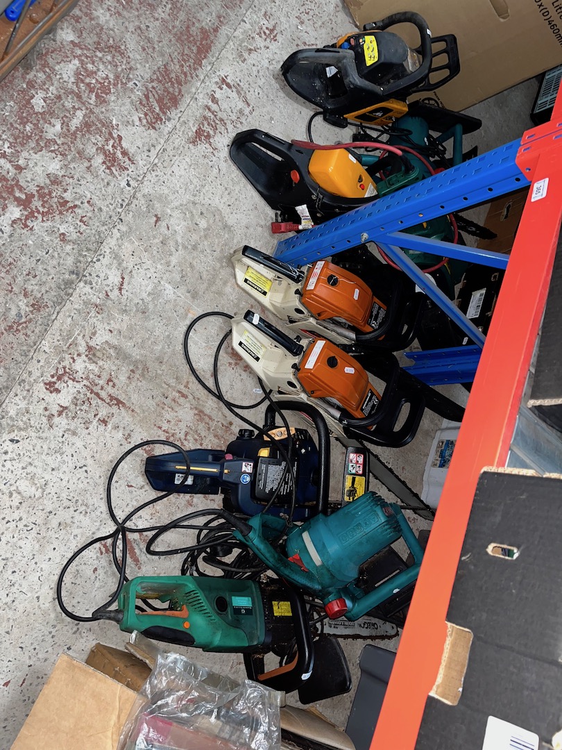 9 chainsaws - 4 petrol and 5 electric - as found