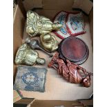 A box of collectables including Red Indian beadwork purse, brass Buddhas etc