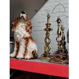 3 brass table lamps - no shades and a Staffordshire pot dog.