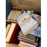 A box of books including Churchill's Wartime Memoires, John Bucham and various others.