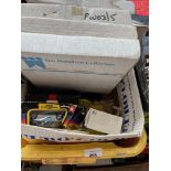 A box of collectables including Star Trek collectors plates, die cast model vehicles and Lilliput