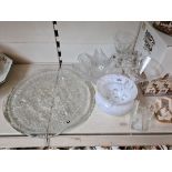 A collection of glassware including two Pukeberg cheese platters, two Swedish bonbon dishes, Royal