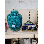 A blue glazed vase (as found) and a Majollica sardine box (as found).
