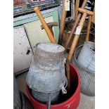 A galvanised bucket - AF, a galvanised watering can and a selection of garden tools, turfing iron,