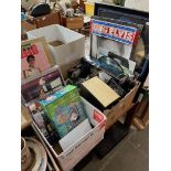 Two boxes of Elvis memorabilia to include boxed figure, records, magazines, drawing, Hawthorne