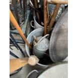 Quantity of garden tools to include galvanised watering can with rose, garden hand tools, a fork,