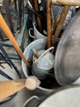 Quantity of garden tools to include galvanised watering can with rose, garden hand tools, a fork,