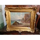 19th century school, oil on canvas, coastal scene, 45cm x 34.5cm, signed 'F. Hider', swept gilt