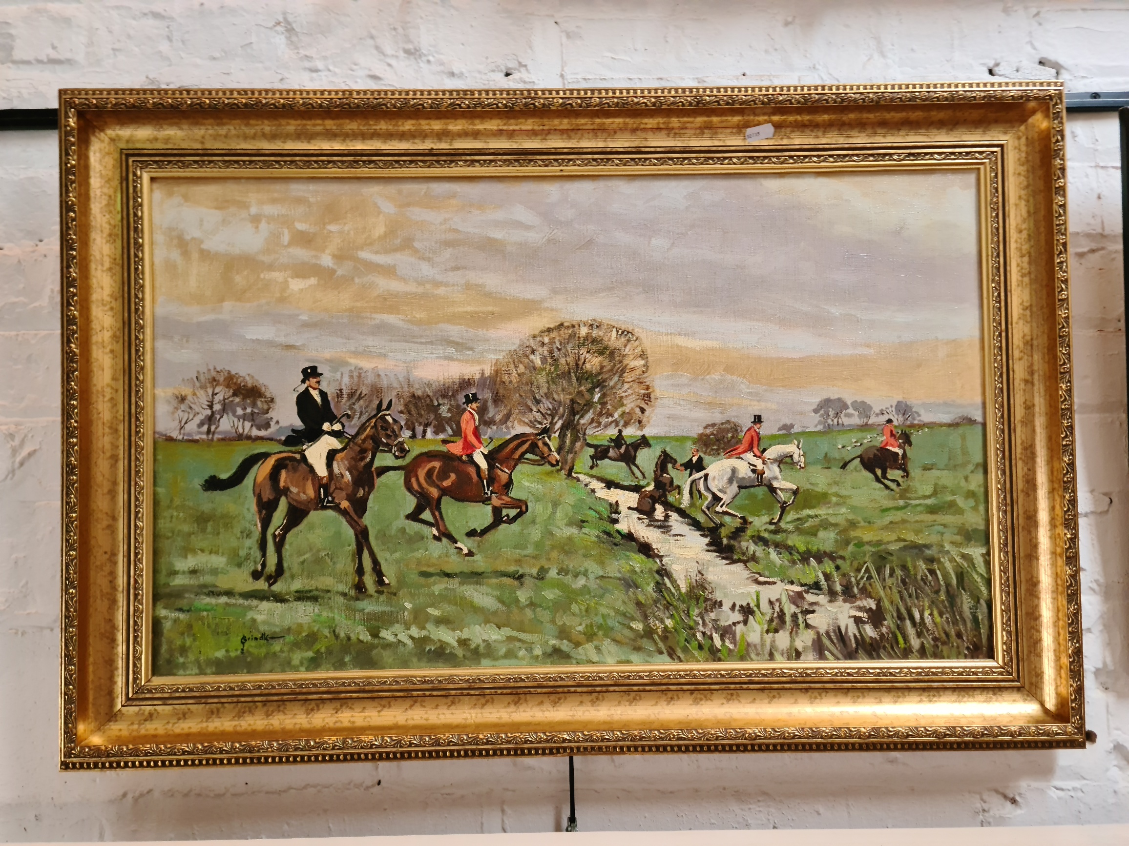 20th century school, oil on canvas, hunting scene, 65cm x 44.5cm, signed 'Brindle', framed.