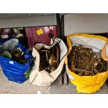 Three bags of brassware including engraved Indian vases, enameled brassware, horse and cart figures,