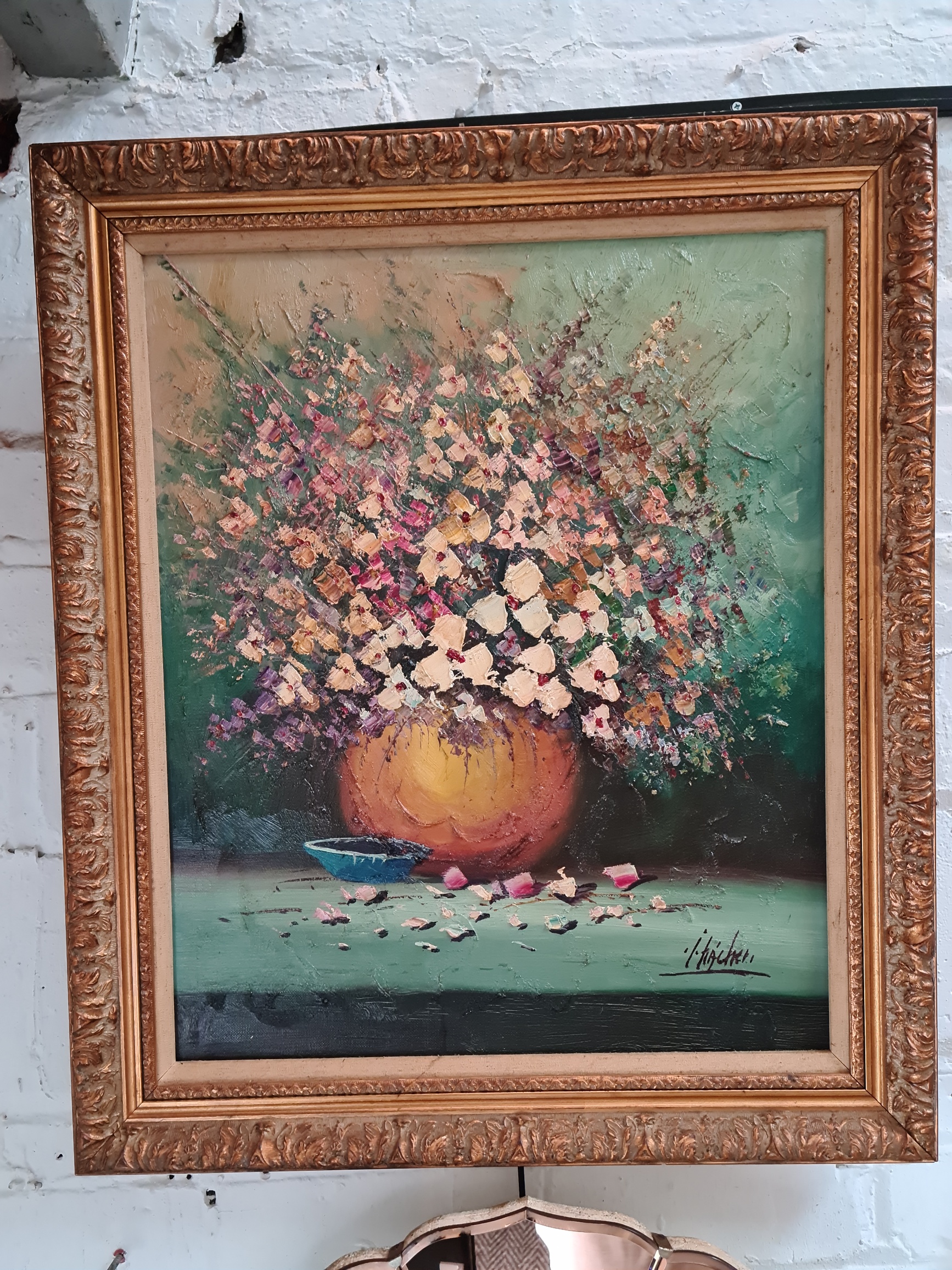 20th century school, oil on canvas, still life of flowers, 44cm x 54cm, indistinctly signed, gilt