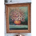 20th century school, oil on canvas, still life of flowers, 44cm x 54cm, indistinctly signed, gilt