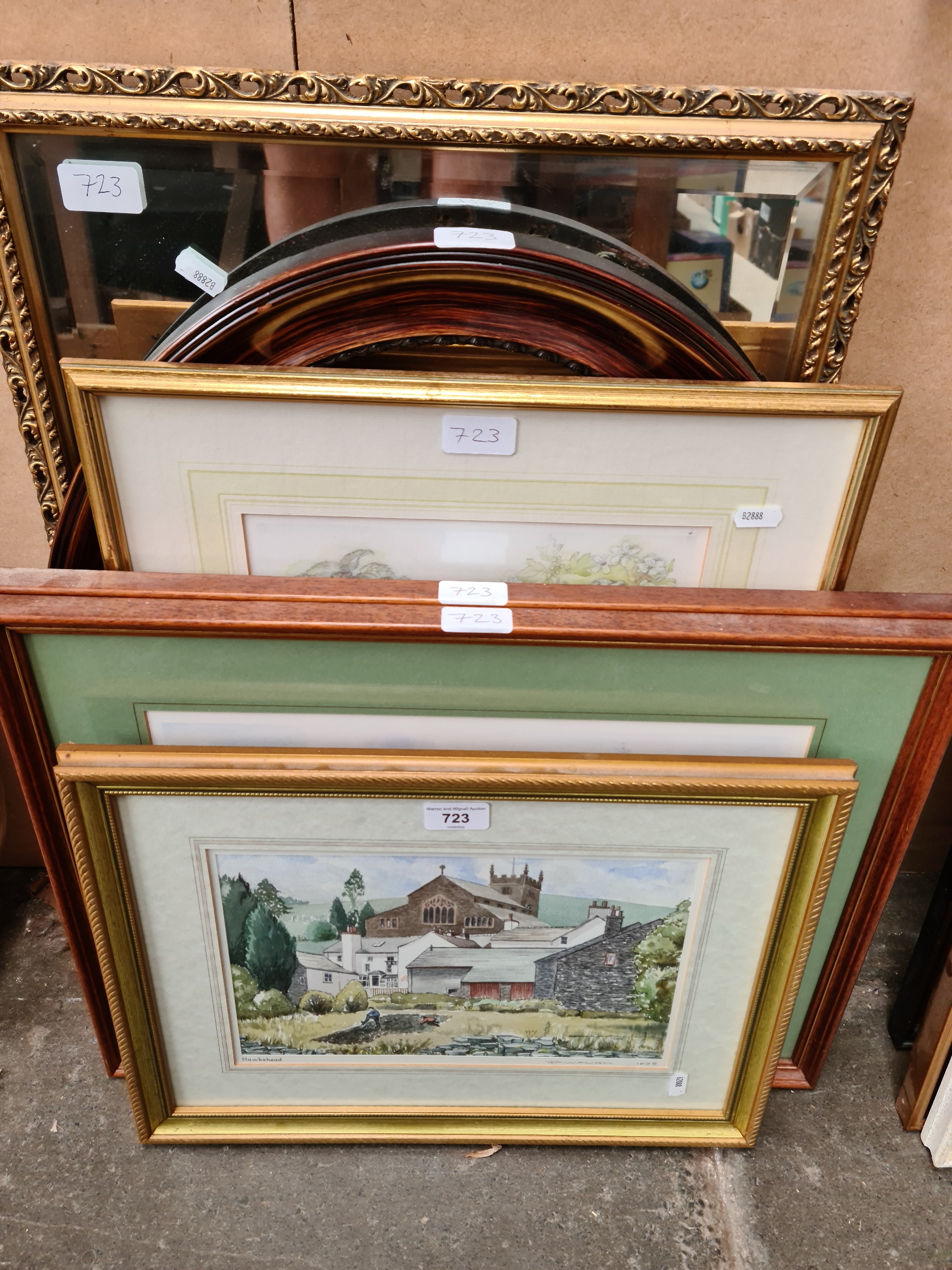 A collection of pictures prints and mirrors including a 20th century school watercolour by D. Waugh,
