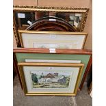 A collection of pictures prints and mirrors including a 20th century school watercolour by D. Waugh,