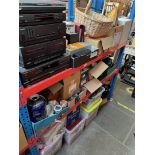 19 boxes and various bags of misc items including textiles, materials, linen, tableware, vases,