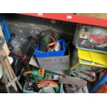 A galvanised wheelbarrow, 2 galvanised trays, 2 boxes of various garden tools and garageware to