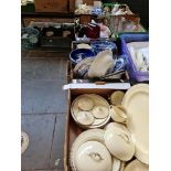Four boxes of ceramics inc. Crown Ducal, blue and white etc.