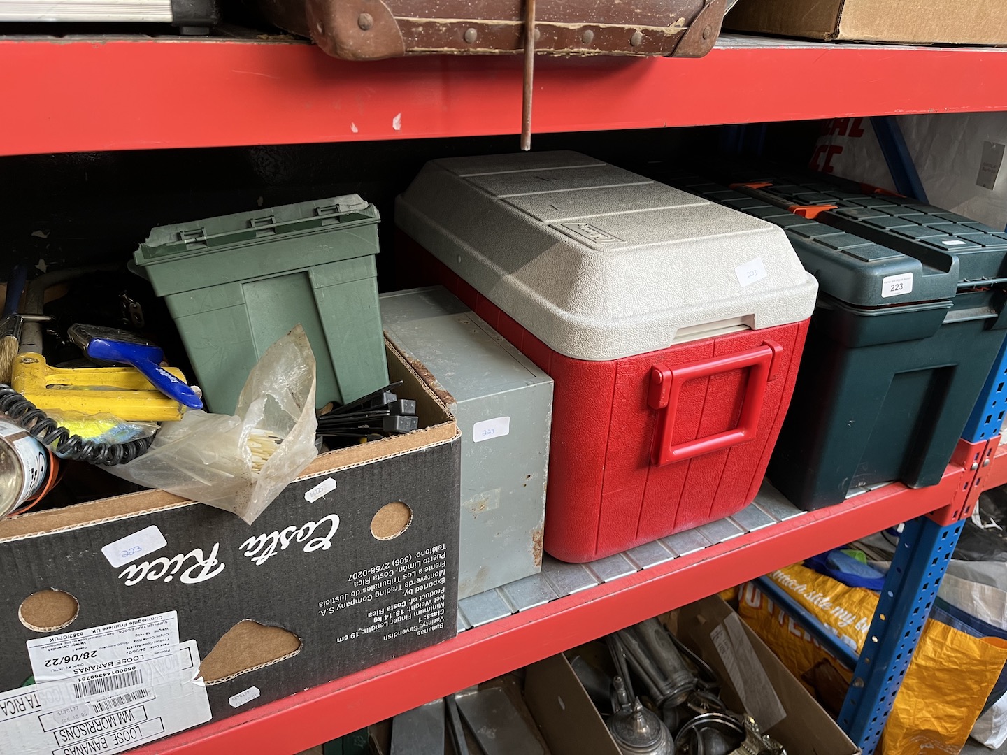 2 toolboxes with tools, a box of tools and an empty tin box.