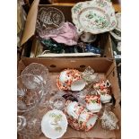 2 boxes of various ceramics and glass to include a brass lamp etc.