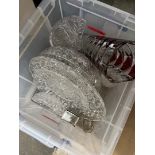 A box of glassware to include cut glass, glass bells, etc.