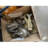 A box of assorted metal wear including a pair of cast brass vases, Chinese etc.