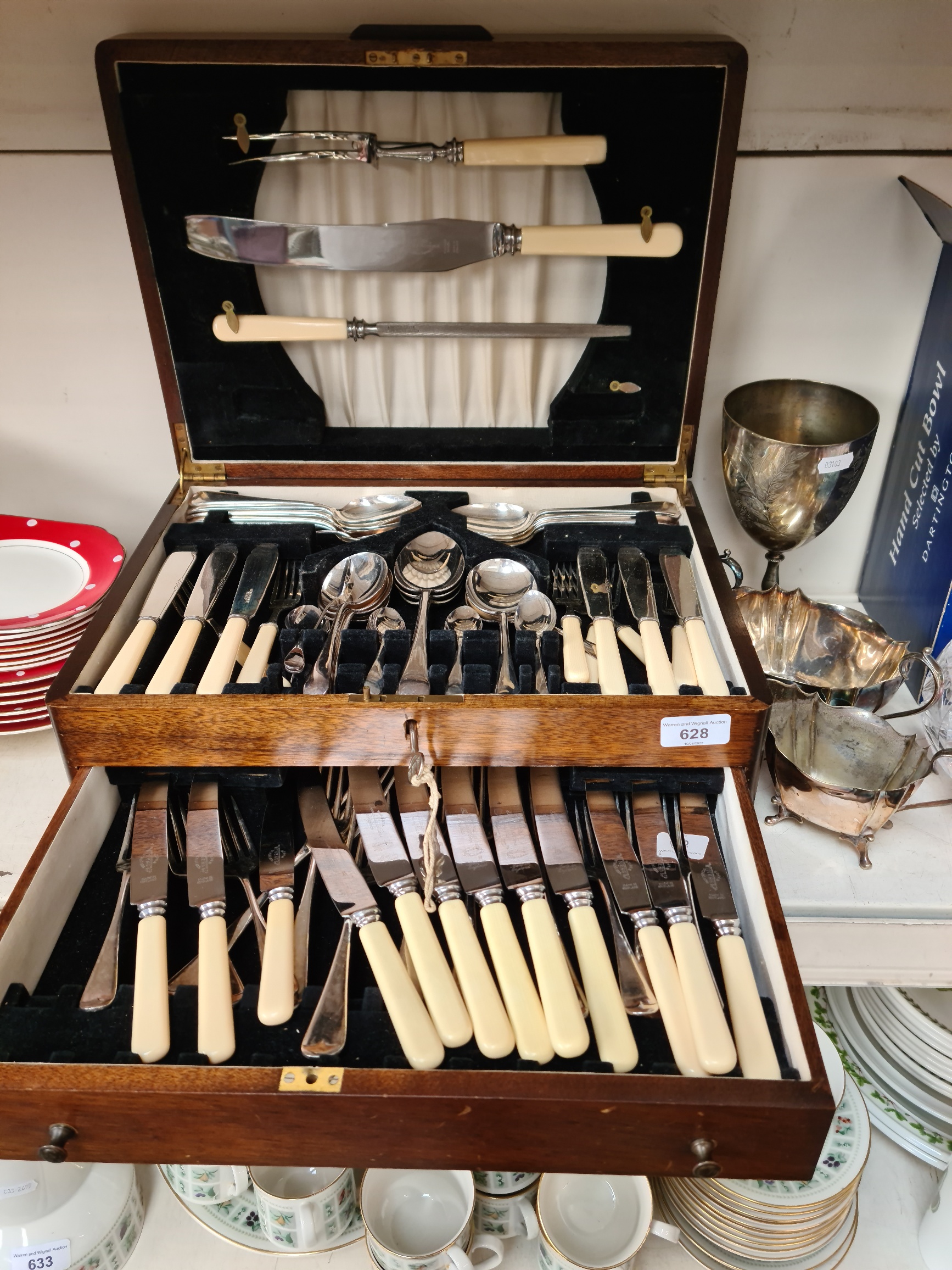 1930's walnut canteen of plated cutlery and three other pieces of EPNS