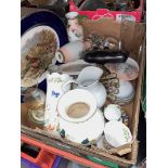 A box of misc. including Noritake, Masons, a vintage dressing table set etc.