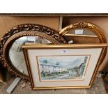 Two gilt framed mirrors and a signed limited edition print after Judy Boyes, 'Seathwaite Farm,
