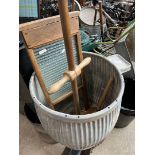 A galvanised dolly tub with soap holder - AF ( small hole in base ), an old glass washboard, a