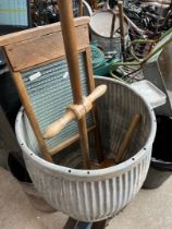 A galvanised dolly tub with soap holder - AF ( small hole in base ), an old glass washboard, a