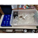 A box of glassware including cut glass decanters, boxed Milford glasses, cut glass jug, sweet stand,