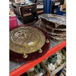 3 silver plated salvers and a silver plated entree dish and 2 brass wall hanging plaques on velvet