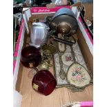 A copper kettle, ruby glasses, platedware, dressing table set, Piquot part set, etc.