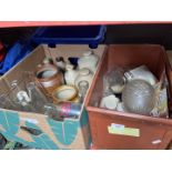 Two boxes of misc stoneware, glassware, vintage milk bottles and milk bottles carrier,