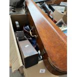 A box of misc including vintage wood planes, chess set, picquot ware, wooden violin case etc