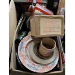 A box of mixed items including child's gas mask, pottery, glassware etc.