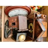 Assorted clocks including a German architectural mantle clock, a reproduction skeleton clock, a wall