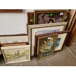 A collection of various pictures, paintings and prints including watercolours and needlework