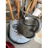 Long reach galvanised watering can, a galvanised mop bucket and a selection of garden tools,