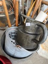 Long reach galvanised watering can, a galvanised mop bucket and a selection of garden tools,