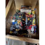 A box of assorted die-cast and other toys to include Majorette, Matchbox, etc.