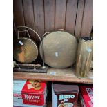 A collection of brassware to include a diner gong.