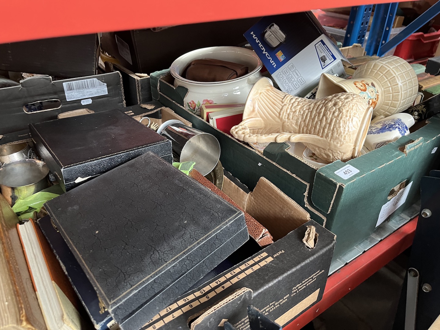 A box of ceramics and a box of plated ware, brassware and cutlery etc