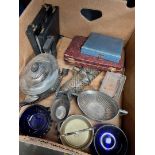 A box of various metalware to include teapot, spoon set and cutlery etc.