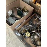 Two boxes of metalware, silver plated items, etc.