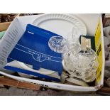 A box of misc ceramics and glass to include Duchessware, Royal Doulton, bowls, jugs, platters, etc.