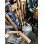 A galvanised watering can, garden hand forks, edging shears, garden spade, garden fork, lawn