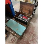 A joiner's toolbox with contents to include chisels, a socket set and a wooden box containing