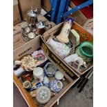Two boxes containing ceramics, silver plated items and glassware including paperweights, silver