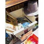 A box of collectables to include a crystoleum, Australian bush hat, marble busts, ornaments, crested